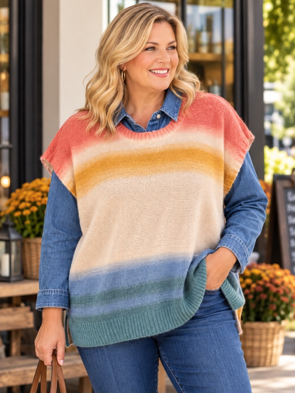 Coldwater Creek 2X Colorblock Sweater Poncho Top Coral Teal Boho Layering